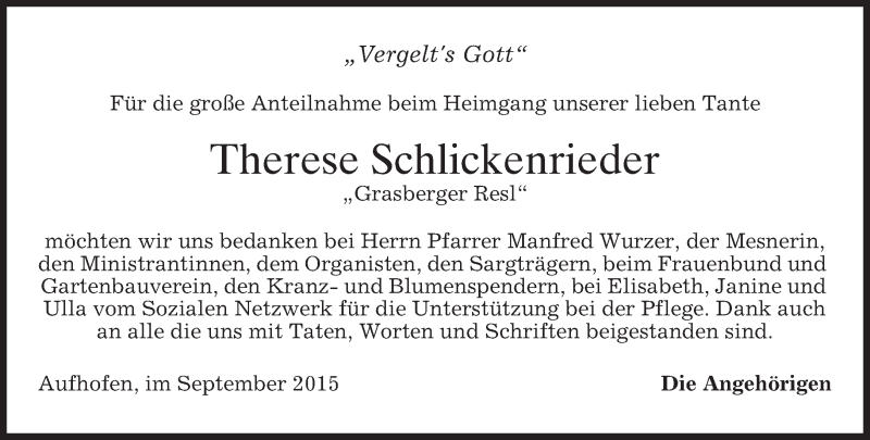  Traueranzeige für Therese Schlickenrieder vom 26.09.2015 aus 