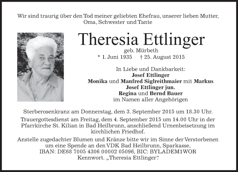  Traueranzeige für Theresia Ettlinger vom 01.09.2015 aus merkurtz