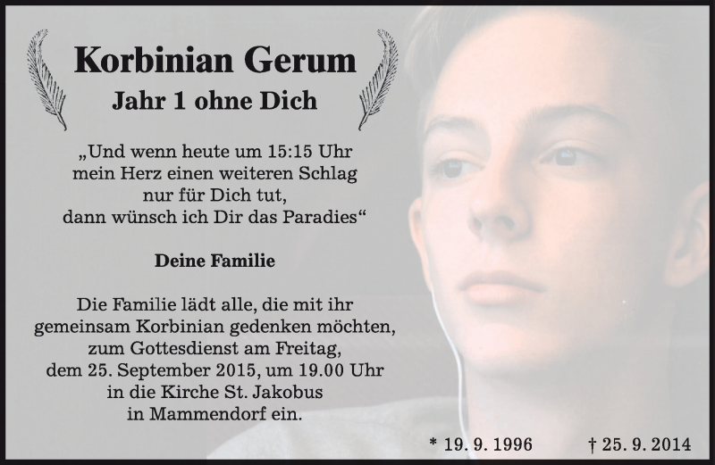  Traueranzeige für Korbinian Gerum - Spross - vom 25.09.2015 aus 