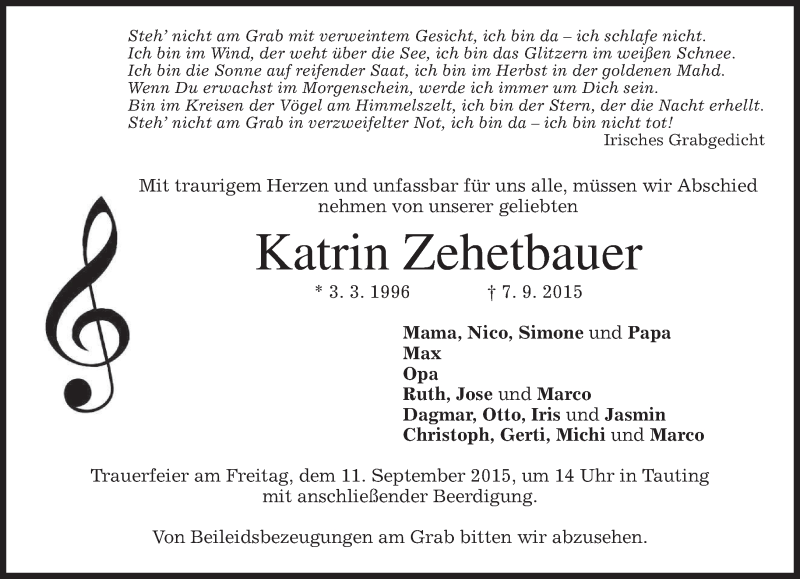  Traueranzeige für Katrin Zehetbauer vom 09.09.2015 aus merkurtz