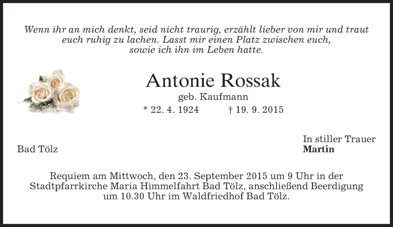  Traueranzeige für Antonie Rossak vom 22.09.2015 aus 