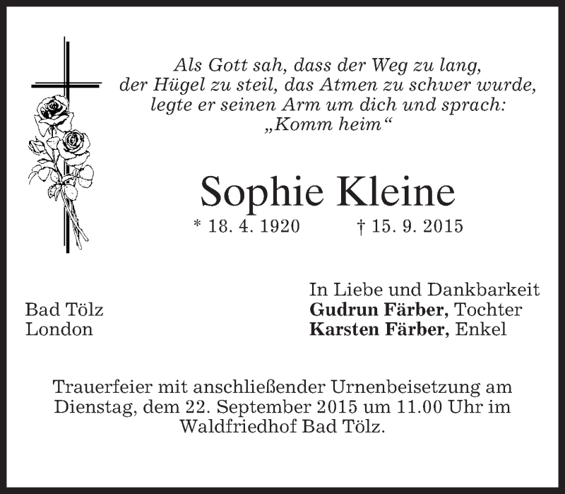  Traueranzeige für Sophie Kleine vom 19.09.2015 aus 