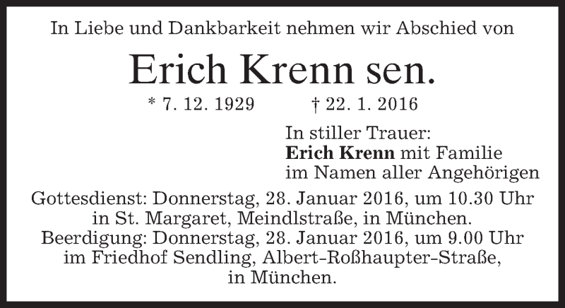  Traueranzeige für Erich Krenn vom 26.01.2016 aus 