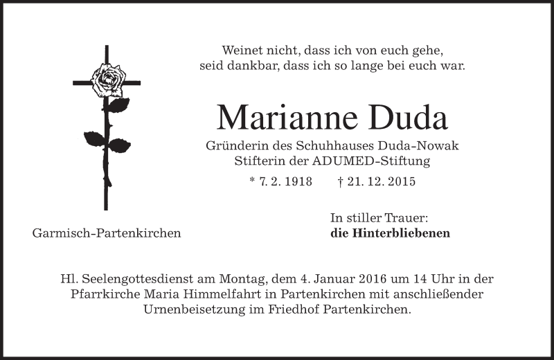  Traueranzeige für Marianne Duda vom 02.01.2016 aus 