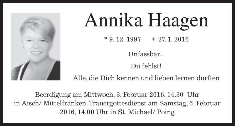  Traueranzeige für Annika Haagen vom 30.01.2016 aus 