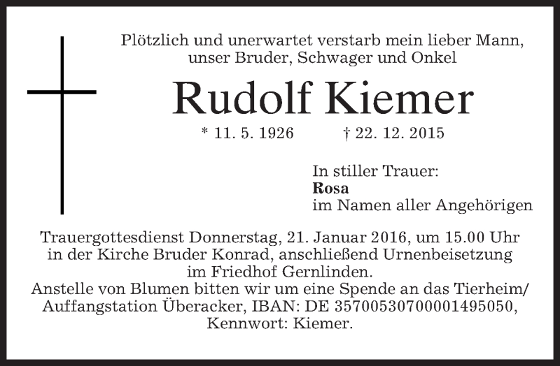  Traueranzeige für Rudolf Kiemer vom 19.01.2016 aus 