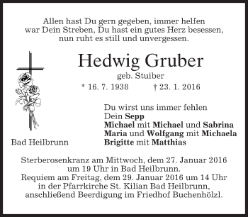 Traueranzeige von Hedwig Gruber 
