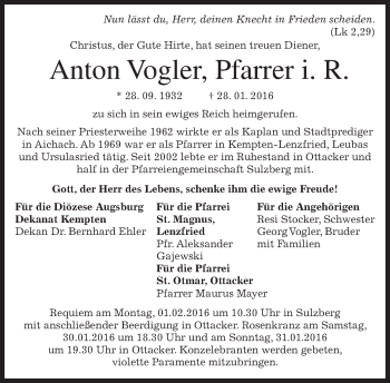 Traueranzeige von Anton Vogler 