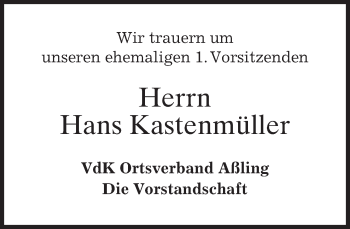 Traueranzeige von Hans Kastenmüller 