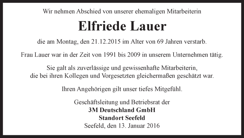  Traueranzeige für Elfriede Lauer vom 13.01.2016 aus 