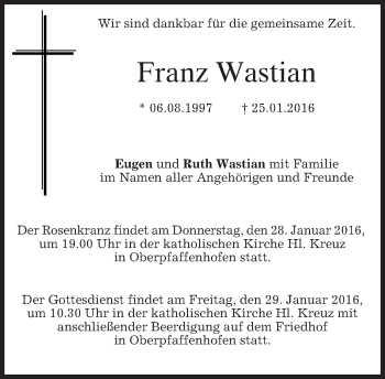 Traueranzeige von Franz Wastian 