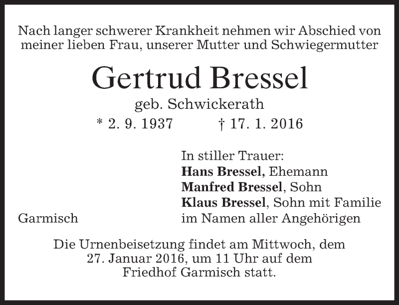  Traueranzeige für Gertrud Bressel vom 23.01.2016 aus 