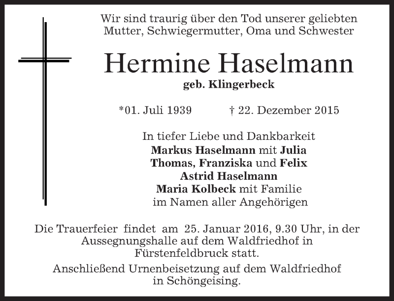  Traueranzeige für Hermine Haselmann vom 22.01.2016 aus 