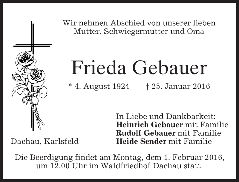 Traueranzeige für Frieda Gebauer vom 29.01.2016 aus 