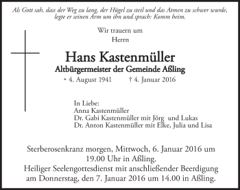Traueranzeige von Hans Kastenmüller 