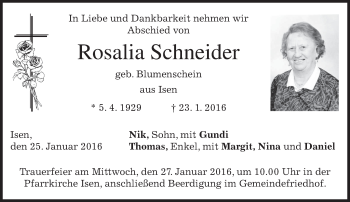 Traueranzeige von Rosalia Schneider 