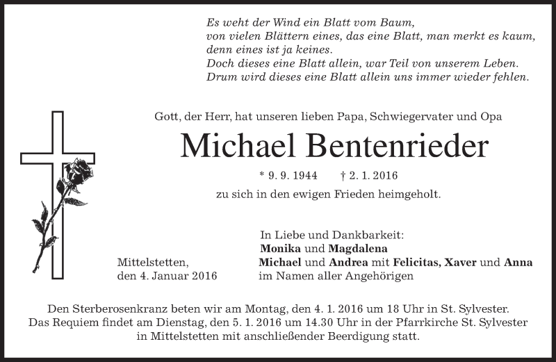  Traueranzeige für Michael Bentenrieder vom 04.01.2016 aus 