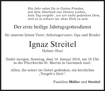 Traueranzeige von Ignaz Streitel 