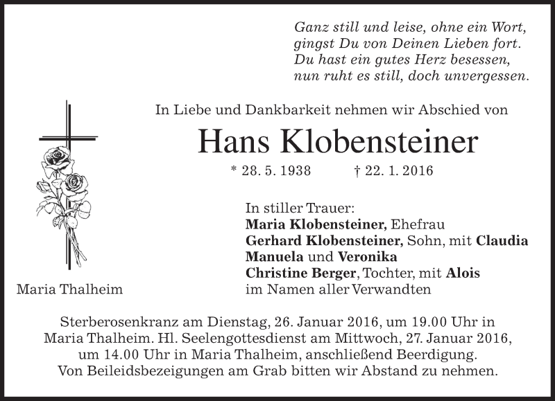  Traueranzeige für Hans Klobensteiner vom 25.01.2016 aus 