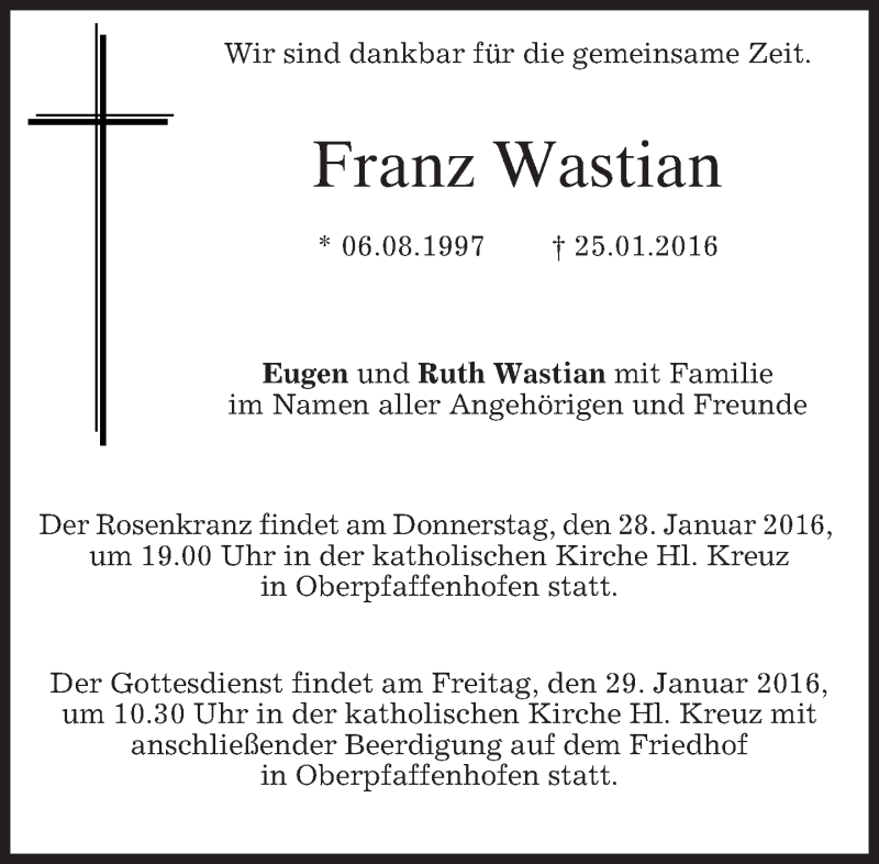  Traueranzeige für Franz Wastian vom 27.01.2016 aus 