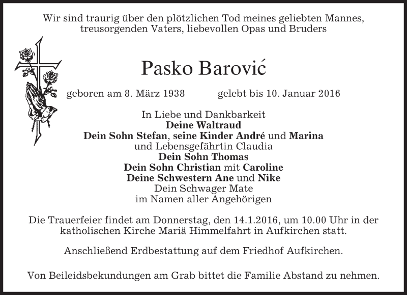  Traueranzeige für Pasko Barovic vom 12.01.2016 aus 