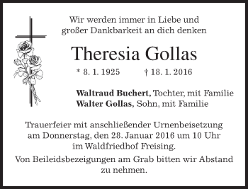 Traueranzeige von Theresia Gollas 