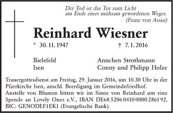 Traueranzeige von Reinhard Wiesner 
