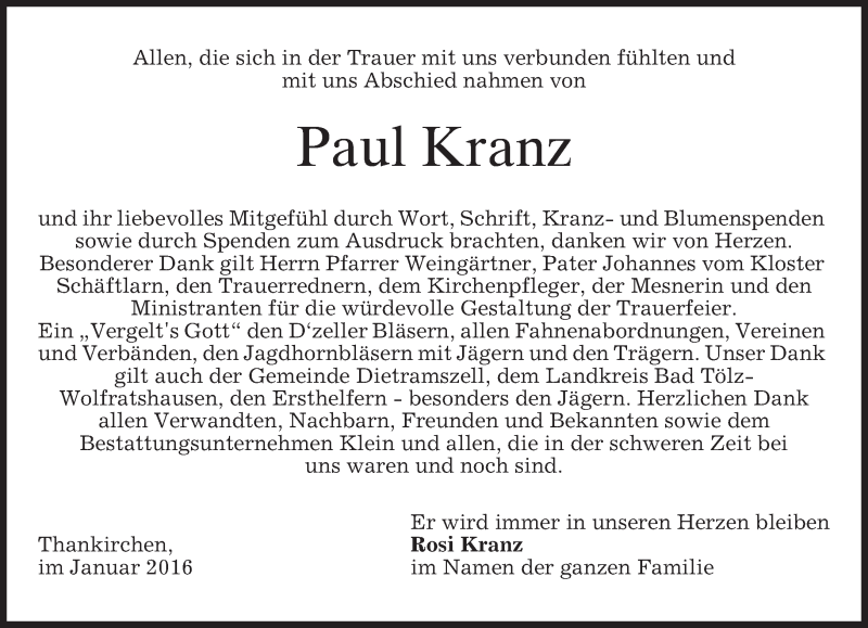  Traueranzeige für Paul Kranz vom 09.01.2016 aus 