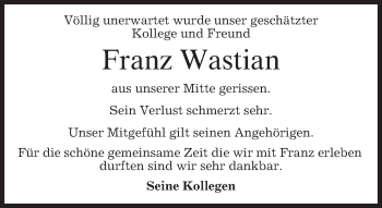 Traueranzeige von Franz Wastian 