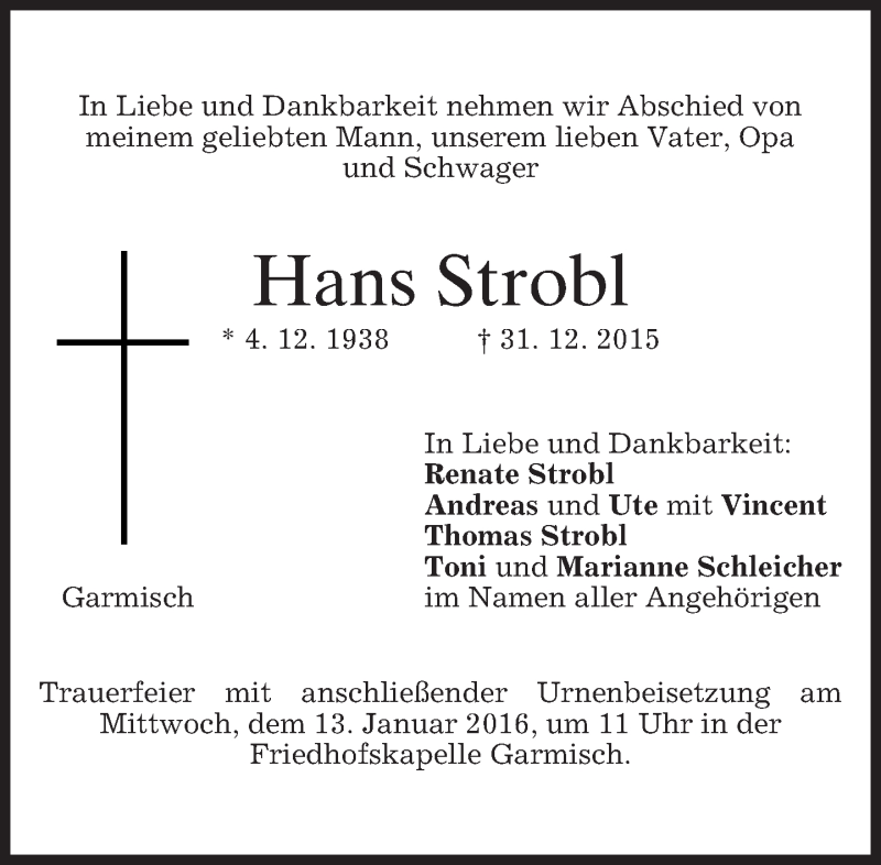  Traueranzeige für Hans Strobl vom 09.01.2016 aus 