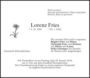 Traueranzeige von Lorenz Fries 