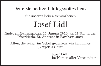 Traueranzeige von Josef Lidl 