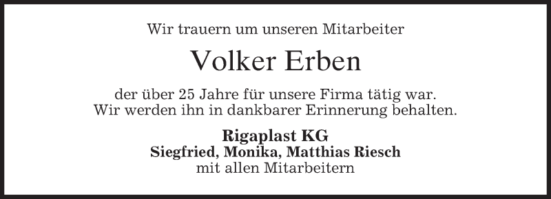 Traueranzeige für Volker Erben vom 07.01.2016 aus 