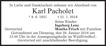 Traueranzeige von Karl Pacholet 