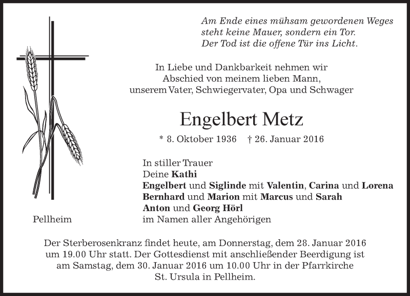  Traueranzeige für Engelbert Metz vom 28.01.2016 aus 