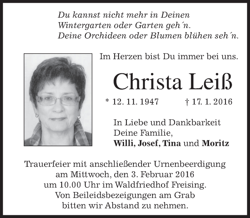  Traueranzeige für Christa Leiß vom 30.01.2016 aus 