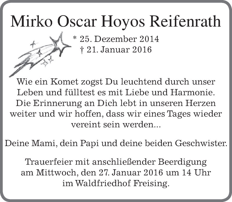  Traueranzeige für Mirko Oscar Hoyos Reifenrath vom 26.01.2016 aus 