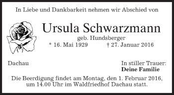 Traueranzeige von Ursula Schwarzmann 