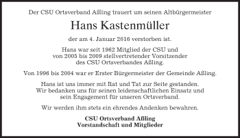 Traueranzeige von Hans Kastenmüller 