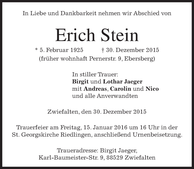  Traueranzeige für Erich Stein vom 12.01.2016 aus 