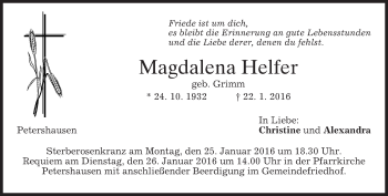 Traueranzeige von Magdalena Helfer 