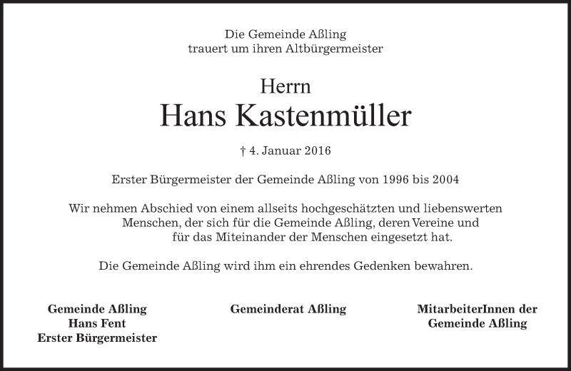  Traueranzeige für Hans Kastenmüller vom 07.01.2016 aus 