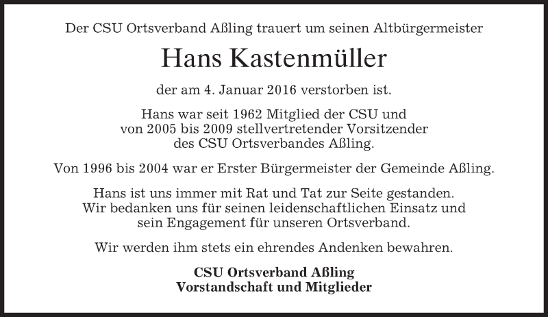  Traueranzeige für Hans Kastenmüller vom 08.01.2016 aus 