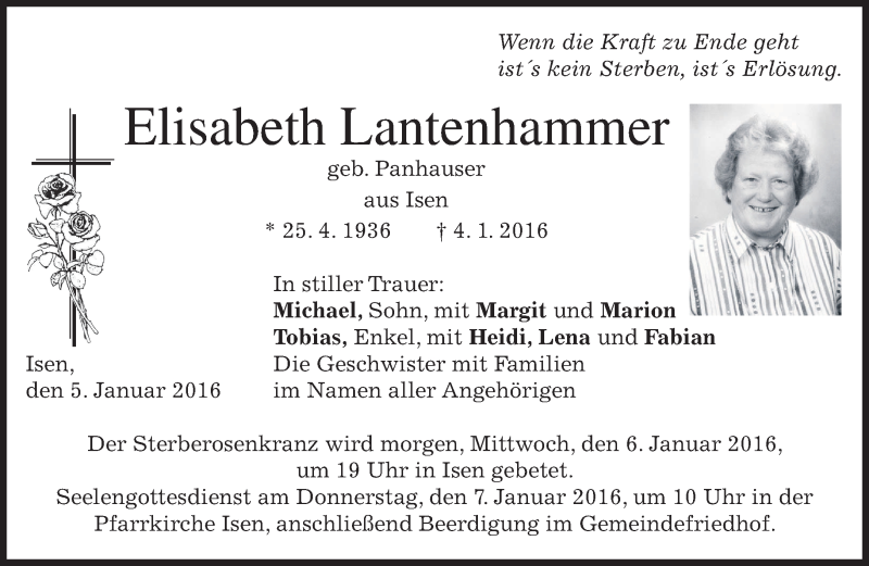  Traueranzeige für Elisabeth Lantenhammer vom 05.01.2016 aus 