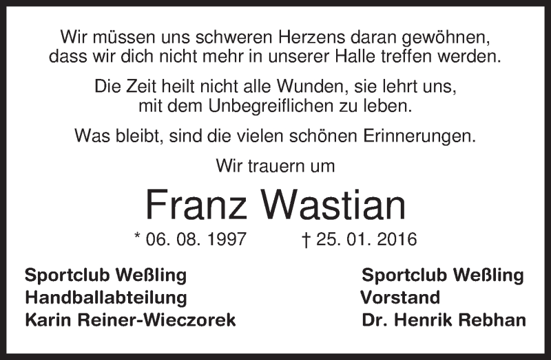  Traueranzeige für Franz Wastian vom 29.01.2016 aus 