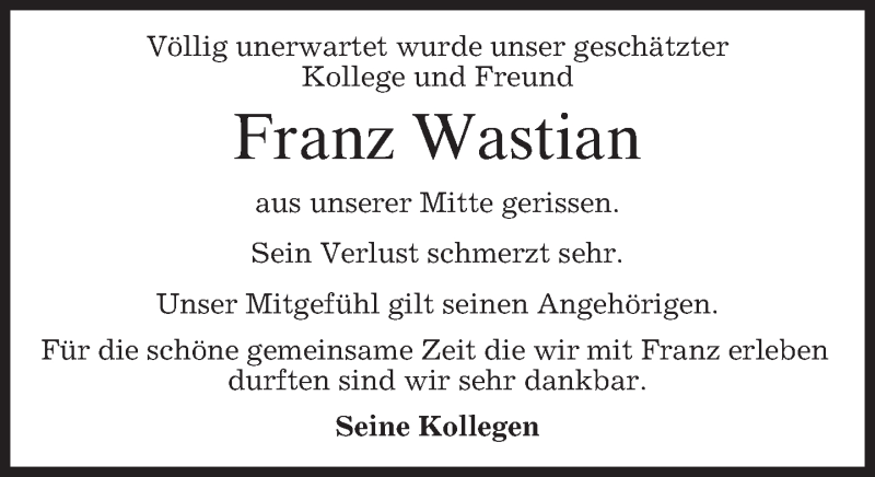  Traueranzeige für Franz Wastian vom 30.01.2016 aus 