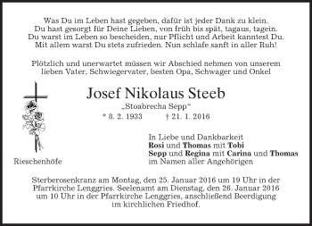 Traueranzeige von Josef Nikolaus Steeb 
