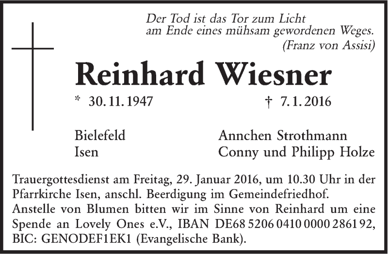  Traueranzeige für Reinhard Wiesner vom 23.01.2016 aus 