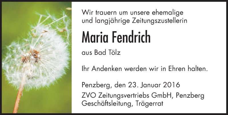  Traueranzeige für Maria Fendrich vom 23.01.2016 aus 