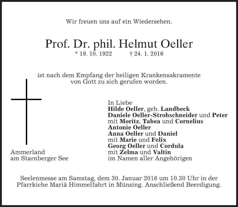  Traueranzeige für Helmut Oeller vom 27.01.2016 aus 
